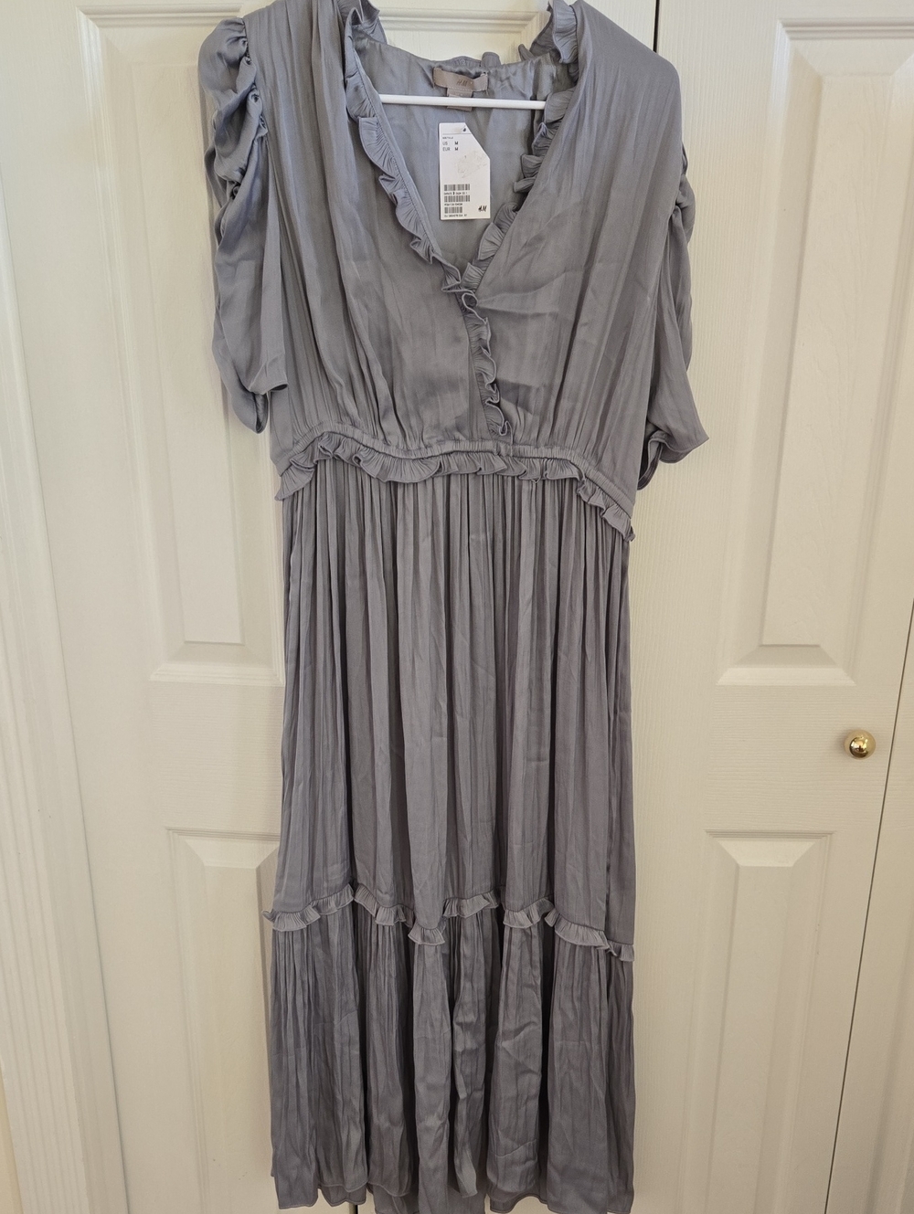 H&M Gray Satin Ruffled V-Neck Maxi Dress